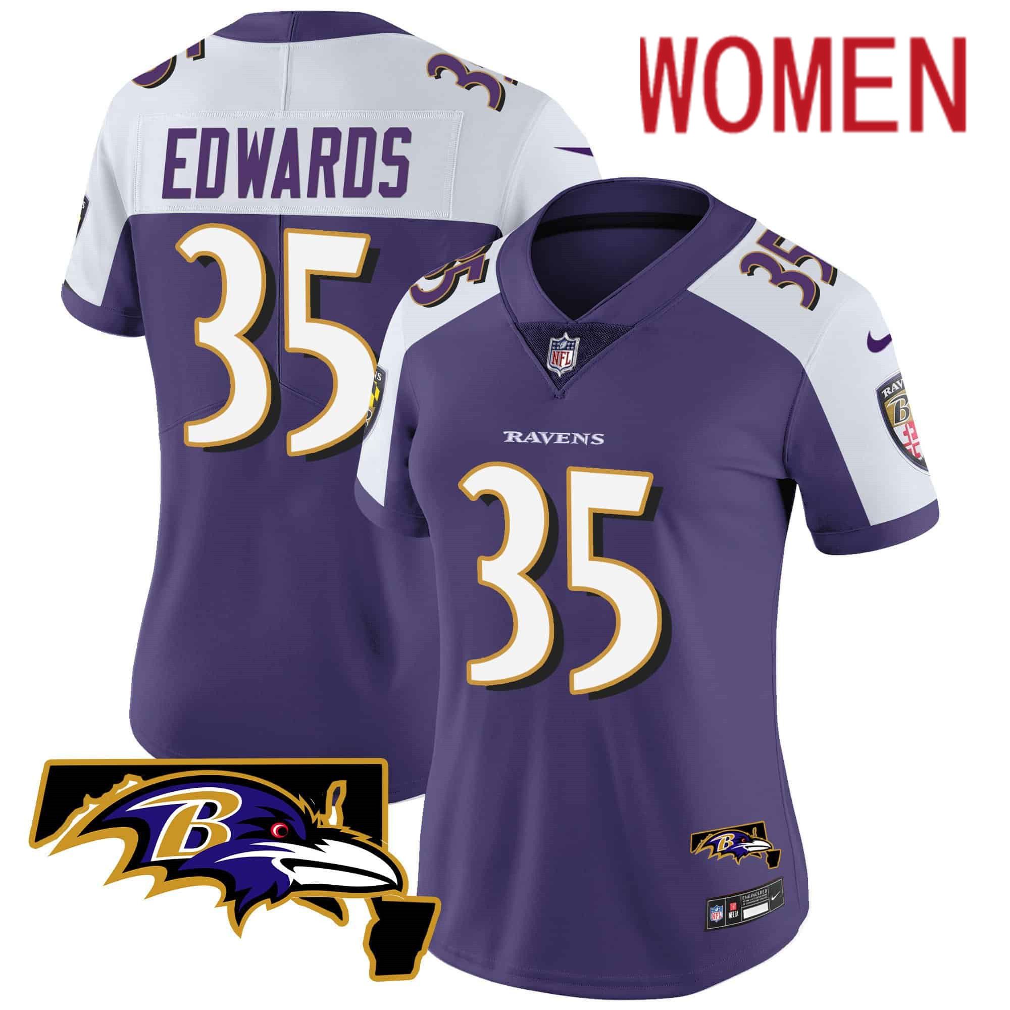 Women Baltimore Ravens #35 Edwards Purple 2024 Nike Maryland Patch Vapor Limited NFL Jersey->women nfl jersey->Women Jersey
